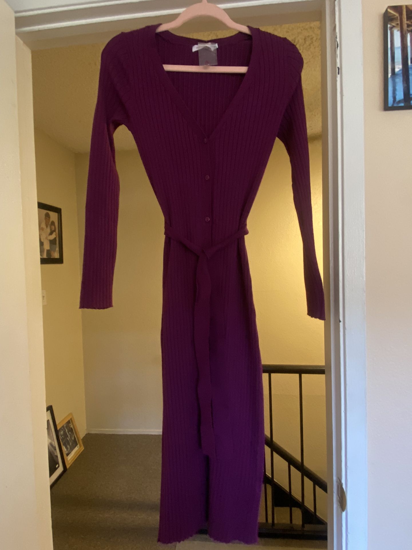 Brand new, purple, ribbed sweater dress, button up front with tie belt