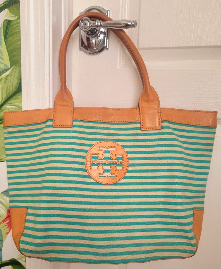Tory Burch Syriped Canvas Leather Tote Bag