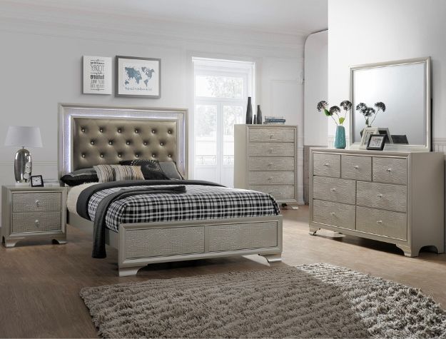 SALE!! NEW SILVER BLING LED UPHOLSTERED Bedroom Set KING QUEEN FULL $10 DOWN