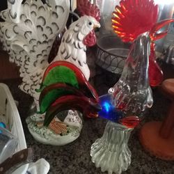 One Ceramics White Rooster And One Hand Blown Art Glass Murano Style  Rooster 
