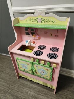 Pink Wood Child's Play Kitchen Tea Party Motif