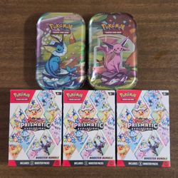 Pokemon Cards Scarlet and Violet Prismatic Evolutions 3 Booster Bundles & 2  Tins [Vaporeon]/[Espeon]