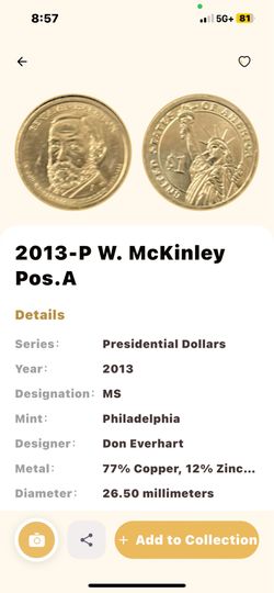 2013-P William McKinley Presidential Dollar BU Mint State UNC Collector Coin