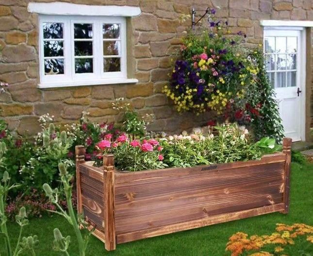 XJJ372-L Wood Garden Planters Box Outdoor Vegetable Flower Pot Square Rectangular Display