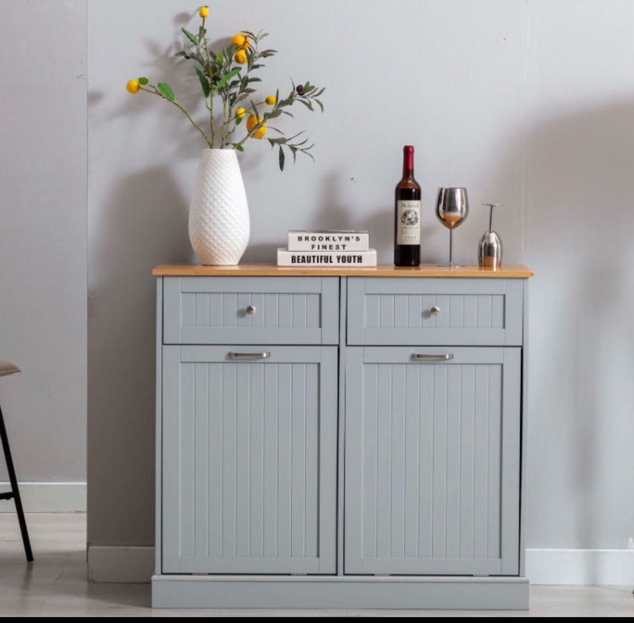 Kitchen Double Trash Can Cabinet with Tiltable Freestanding Storage Canister, Wooden Garbage Recycling Bin Hidden Garbage Rack Drawer (Gray-2)-$99