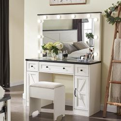Farmhouse Modern Vanity Table with Mirror LED Lights Makeup Table Dressing Desk with 3 Drawers and Stool for Women Girls White