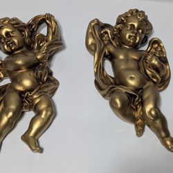 Vintage Ardco Japan Gold Tone Resin Cherub Wall Figurines Pair 11 Inch Religious Decor

