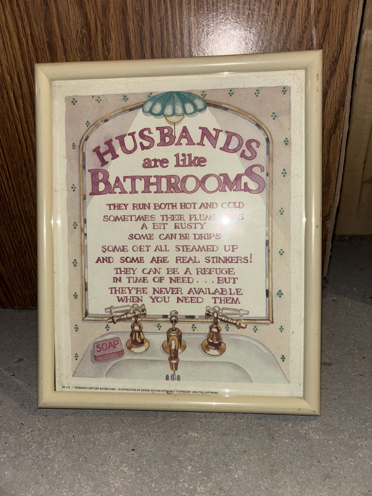 Vintage Funny Silly Bathroom Humor Art Work 1983 Framed Hanging Signage Hanging Sign, Framed, ‘A Husbands Duties…’ Super Cute!