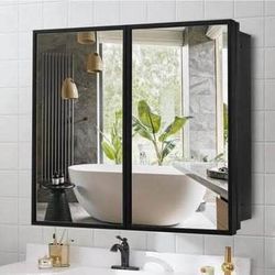 New 30x26 Farmhouse Black Metal Framed Recessed or Surface Bathroom Medicine Cabinet with Mirror