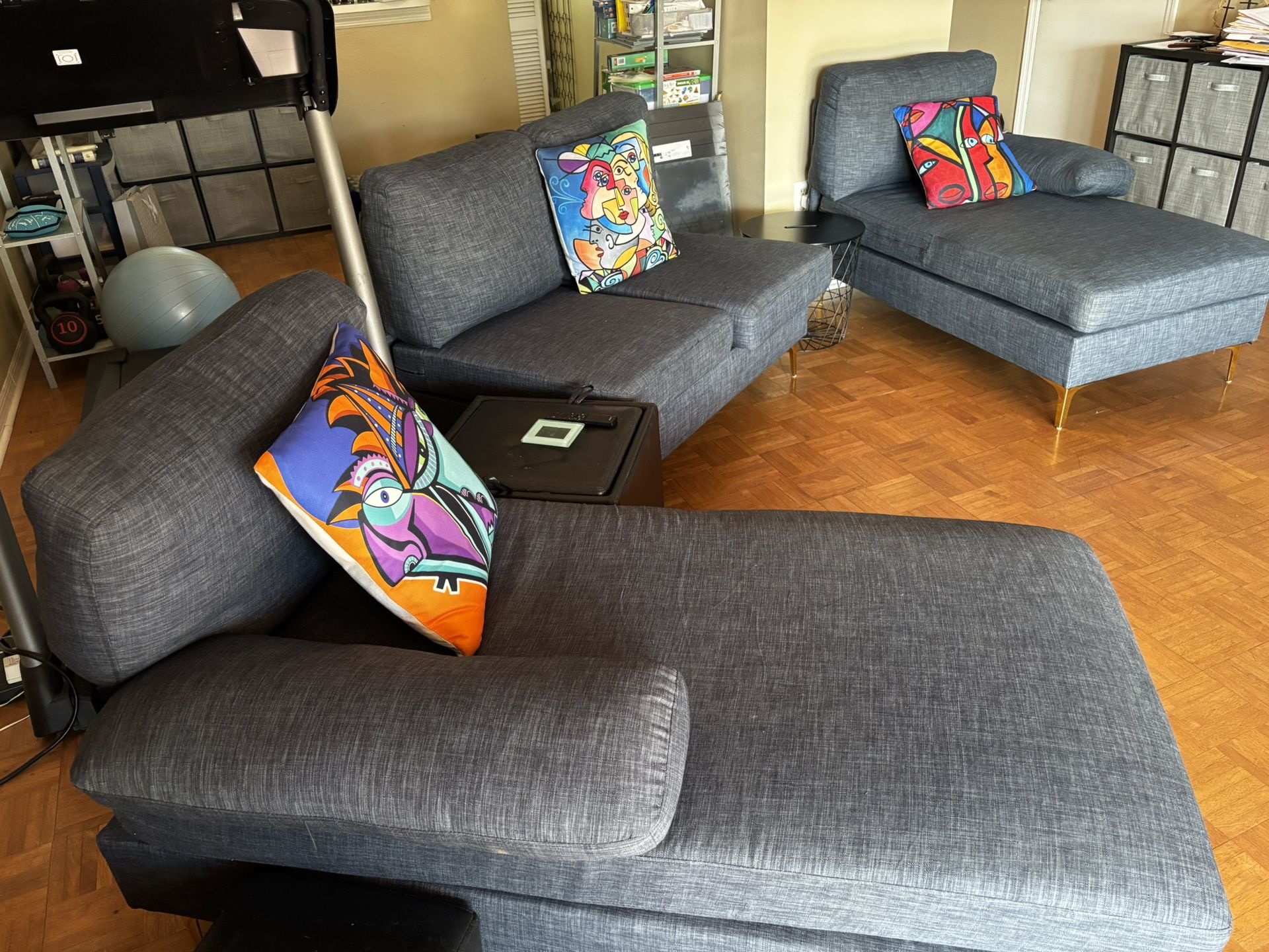 3pieces Ligth Blue/grey Sofa / Include Pillows And Small Cusiony Side