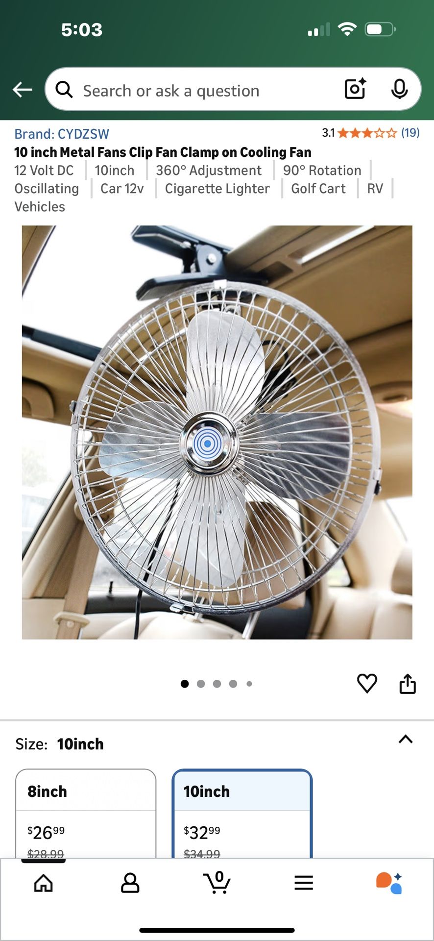 $10-10 inch Metal Fans Clip Fan Clamp on Cooling Fan 12 Volt DC 10inch | 360° Adjustment 90° Rotation Oscillating Car 12v Cigarette Lighter Golf Cart