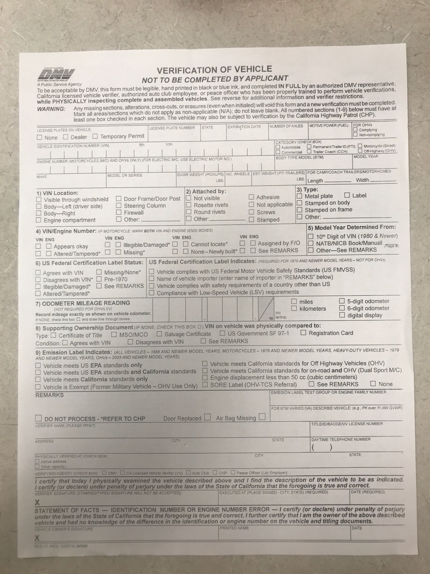 REG 31 form for VIN Verification