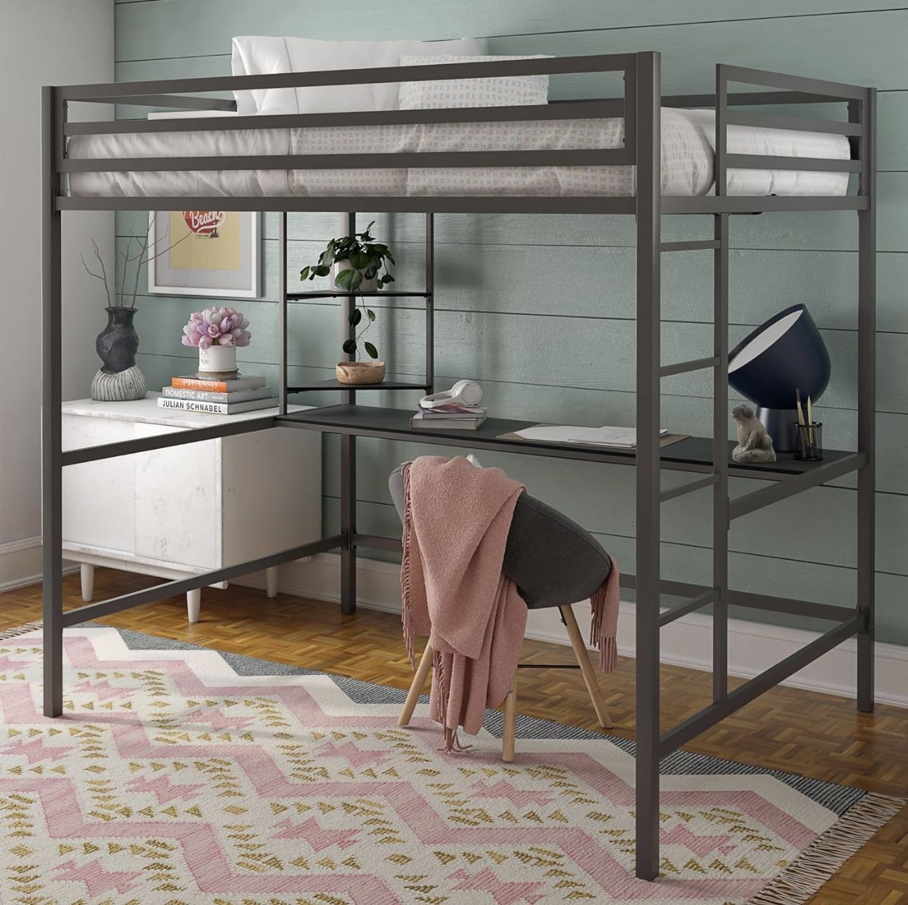 Novogratz Maxwell Metal Full Loft Bed with Desk & Shelves, Gray