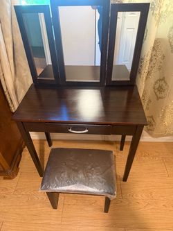 Dark Wood Vanity Table with Tri-Fold Mirror and Stool