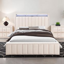 Full $280 Queen $300 Ivory Velvet  Nailhead Trim Mattress Ready LED Lights Nightstand Sold Separately $190