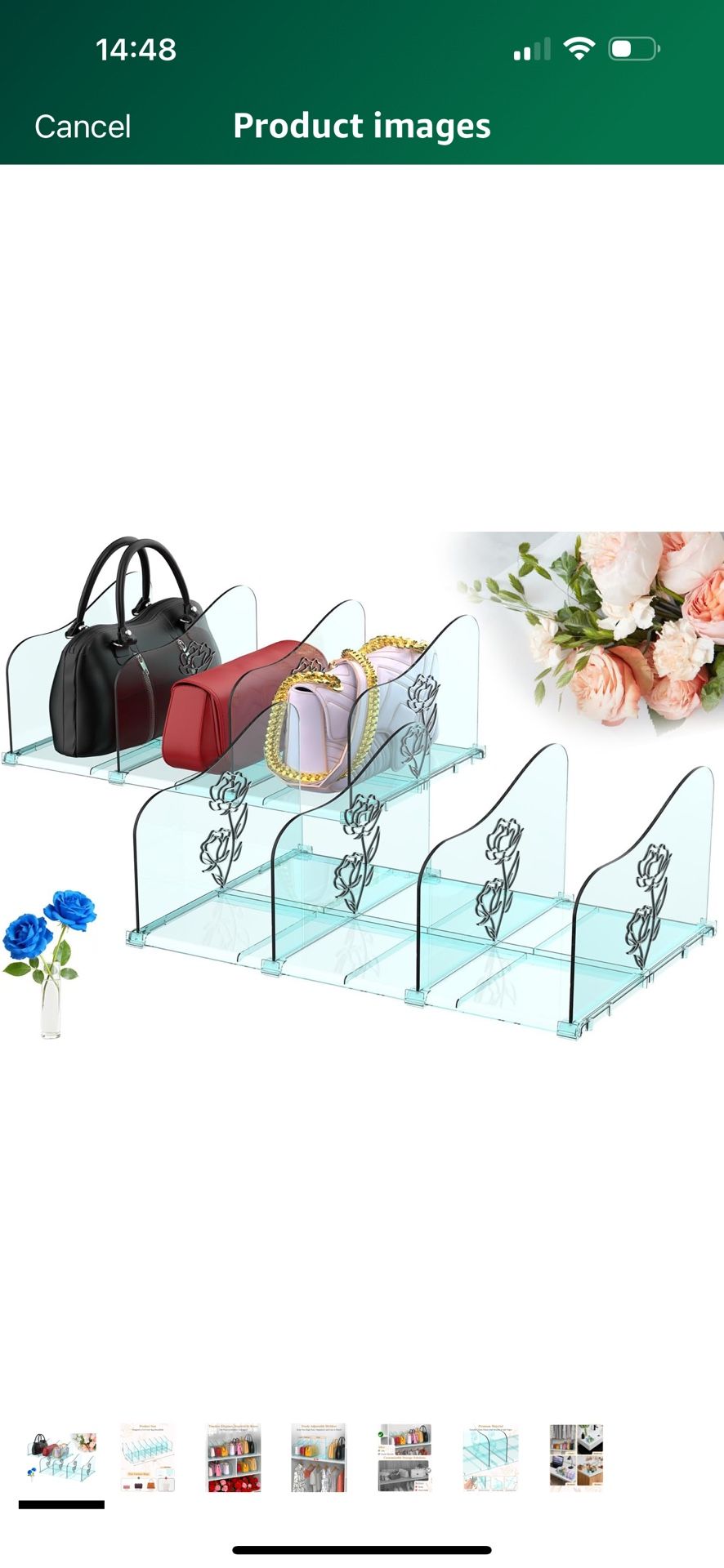 Brand New 2-Pack Rose Purse Organizers for Closet, Adjustable Large Shelf Divider Rack, Clear Blue Handbag Storage Organizer, Plastic Bookshelf Separa