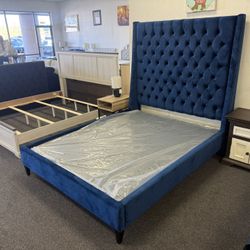 Queen Bed Frame In Blue Velvet