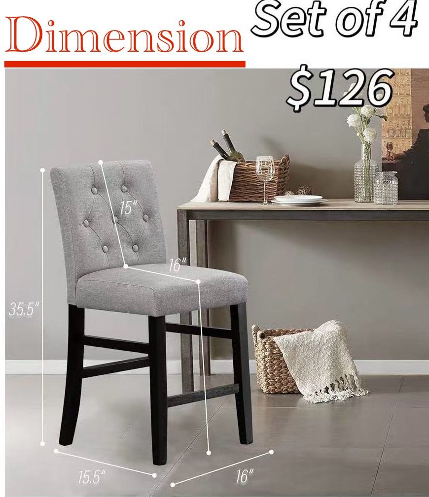 😀 4Pcs 24" Counter-Height Bar Stools, Modern Bar Chairs Barstools , Gray with Back, Fabric, Upholstered, Button Tufted, Wooden, Island Stools