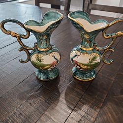 Two Vintage Used Castel OR BH Belgium 323 Hand Painted Ceramic Pitchers