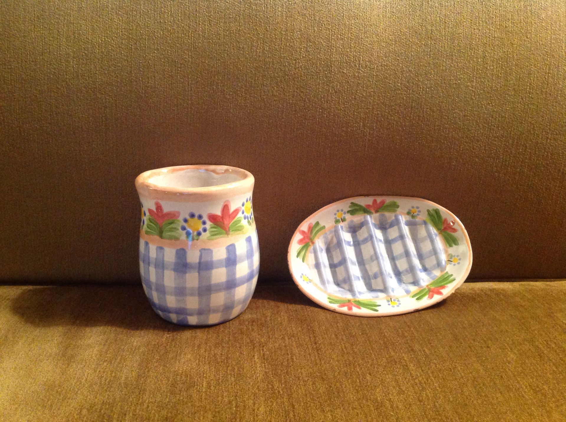 Bathroom set ceramic cup and soap dish - signed