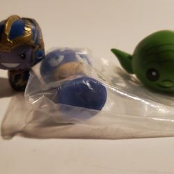 3 Small Cute Toy Figurines: Happy Baby Yoda Head, Thanos, Captain America 