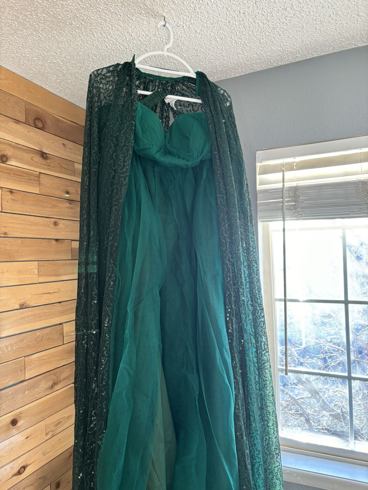 Emerald Green Gown With Sequins Cape