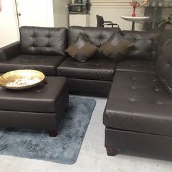 Brand New Espresso Color Faux Leather Sectional Sofa +Ottoman (New In Box) 