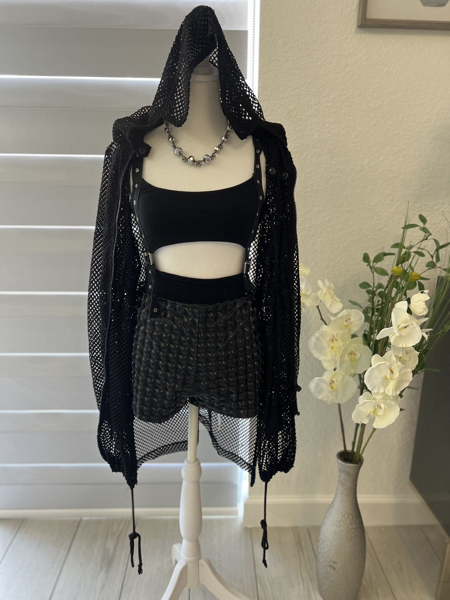 Edgy Black Suspender Bodysuit, Holographic Shorts, Mesh Hoodie & Crystal Necklace Set – Size Small