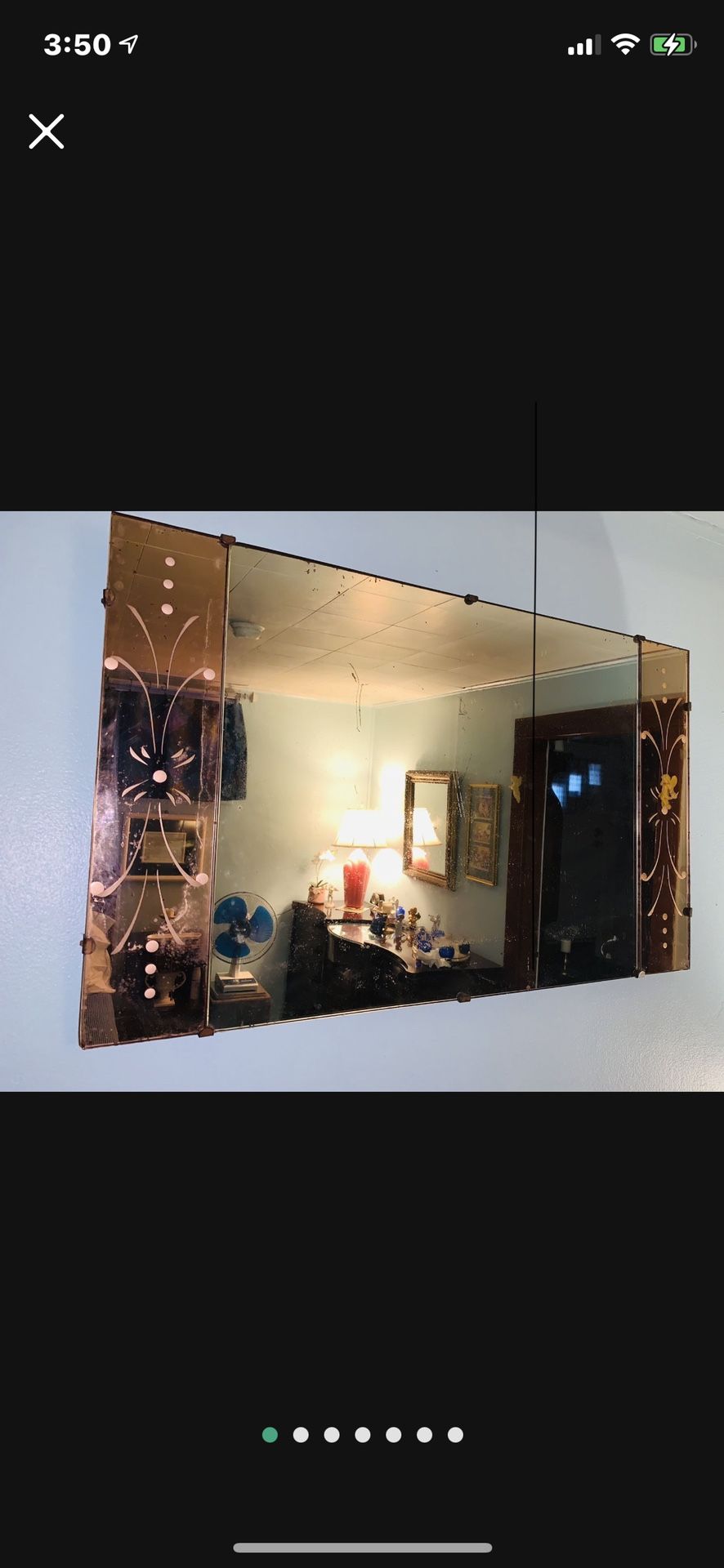 VINTAGE 1940’s THREE PANEL FRAMED - HANGING MIRROR - TWO ROSE ETCHED DESIGN w/ SILVER MIRROR 30 Inches x 18 inches x 3/4 inch Heavy Wired Frame