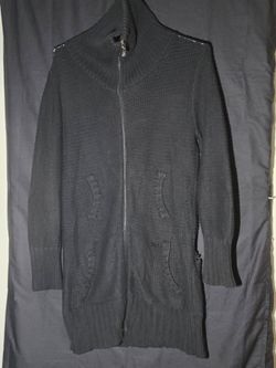 BCBG Max Azria Womens XL Black Chunky Knit Long Zip Cardigan Sweater Cotton