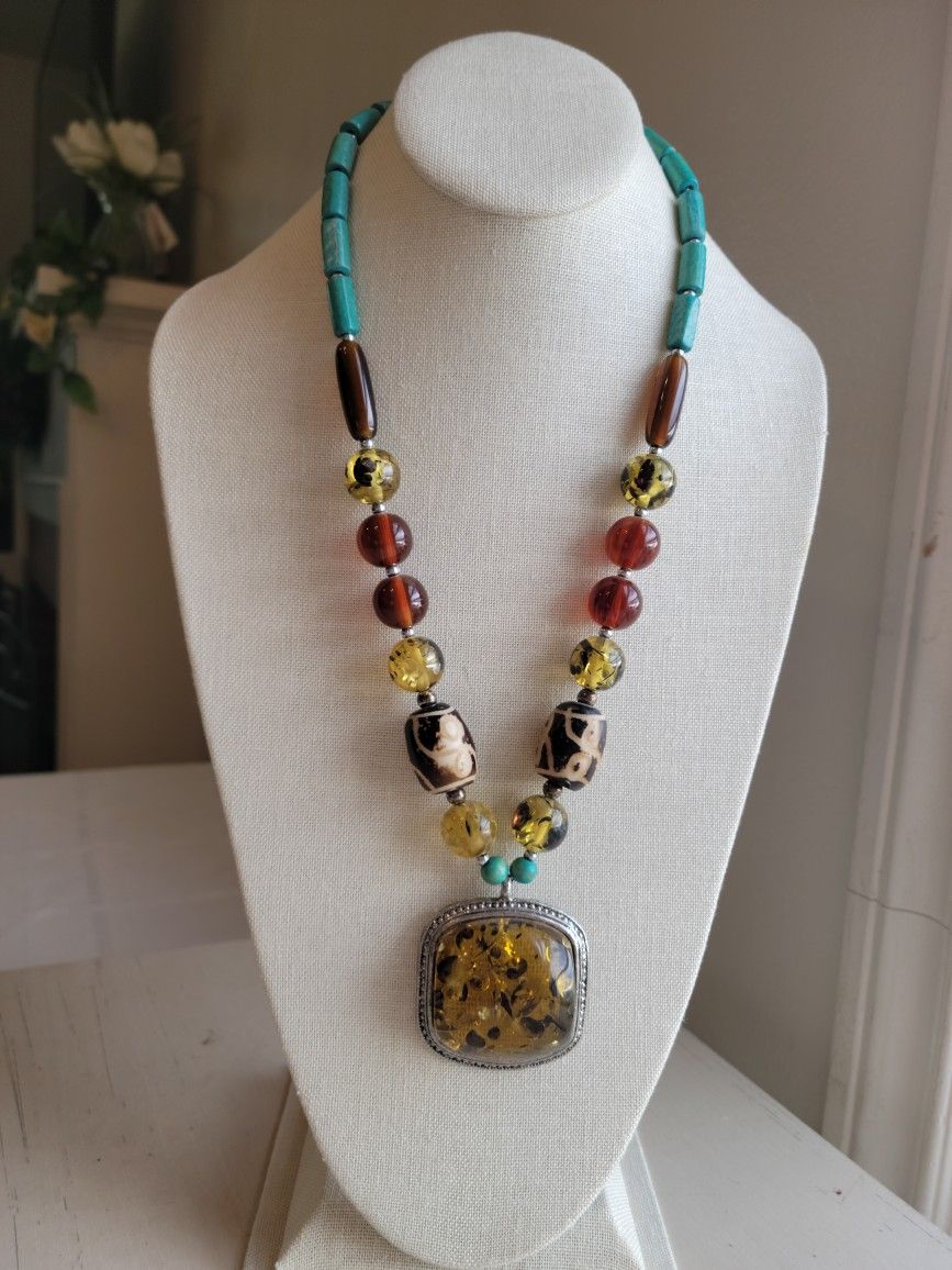 Faux Baltic Green Amber Pendant Statement Necklace