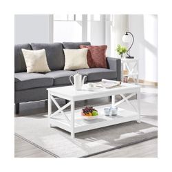 Wood 2-Tier Coffee Table with Storage Shelf for Living Room-White