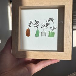 Handmade Botanical Sea Glass Wall Art – Decor 5x5 Frame