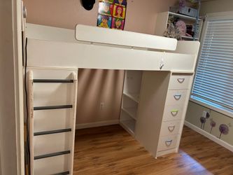 Loft bed w/desk, storage drawers , shelves , chalkboard