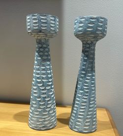 Set of 2 Tall Textured Candle Holders - Sky Blue/White Wash