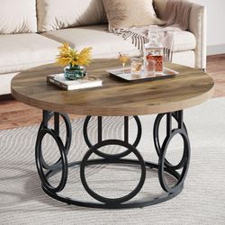 Tribesigns32-Inch Round Coffee Table with Metal Base, Modern Circle Coffee Table for Living Room, Industrial Design (Wood Grain and Black)