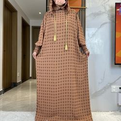 New 100% Cotton Muslim Women’s Double Hat Abaya – Solid Color Kaftan Prayer Dress, Dubai Turkish Style, Ideal for Ramadan and Islamic Occasions