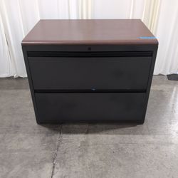 Two-Drawer Black Filing Cabinet with Wood-Look Top