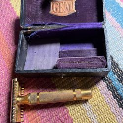 Vintage GEM 1912 Gold Plated Single Edge Safety Razor w Wood Leather Case
