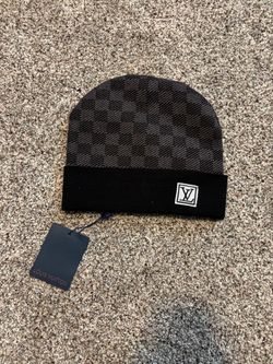 Gray and black checkered beanie