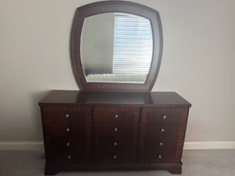 Dark Wood 12 Drawer Dresser with Mirror and Queen Bed Frame
