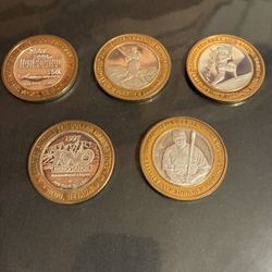 5 Half Ounce Silver With Brass Coins From Las Vegas. 3 With Babe Ruth, One From Binnions Horseshoe And One With A Low Rider $35 Each   $175 For All 