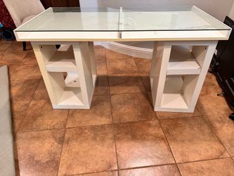 White Glass-Top Desk/Vanity Table with Storage