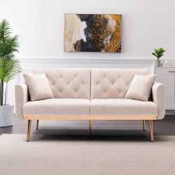 Velvet Mini Sofa, Accent Sofa, Modern Folding Couch, Sofa Bed for Living Room, Loveseat Sofa with Rose Gold Metal feet (Beige)