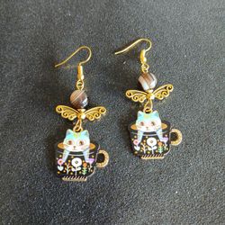 Cute Kawaii cat coffee mug gold dangle earrings with brown agate beads new 