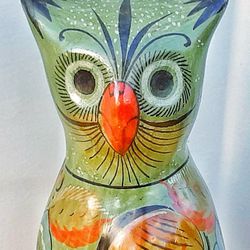 Vintage Green Folk Art Mexican Pottery OWL Figurine 7.5" X 3"
