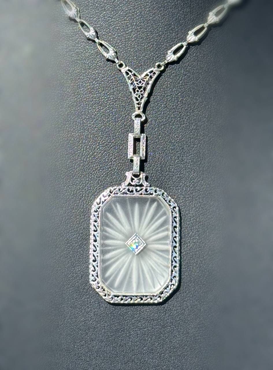 Art Deco Antique Jewelry 14k white gold natural diamond 0.03CT. Camphor Glass necklace chain 16.00" 4.00mm width