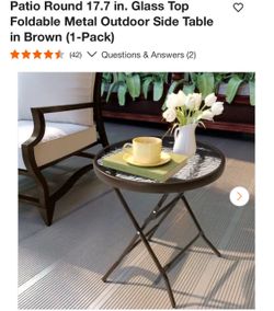 Round Glass Top Foldable Outdoor Side Table Brown
