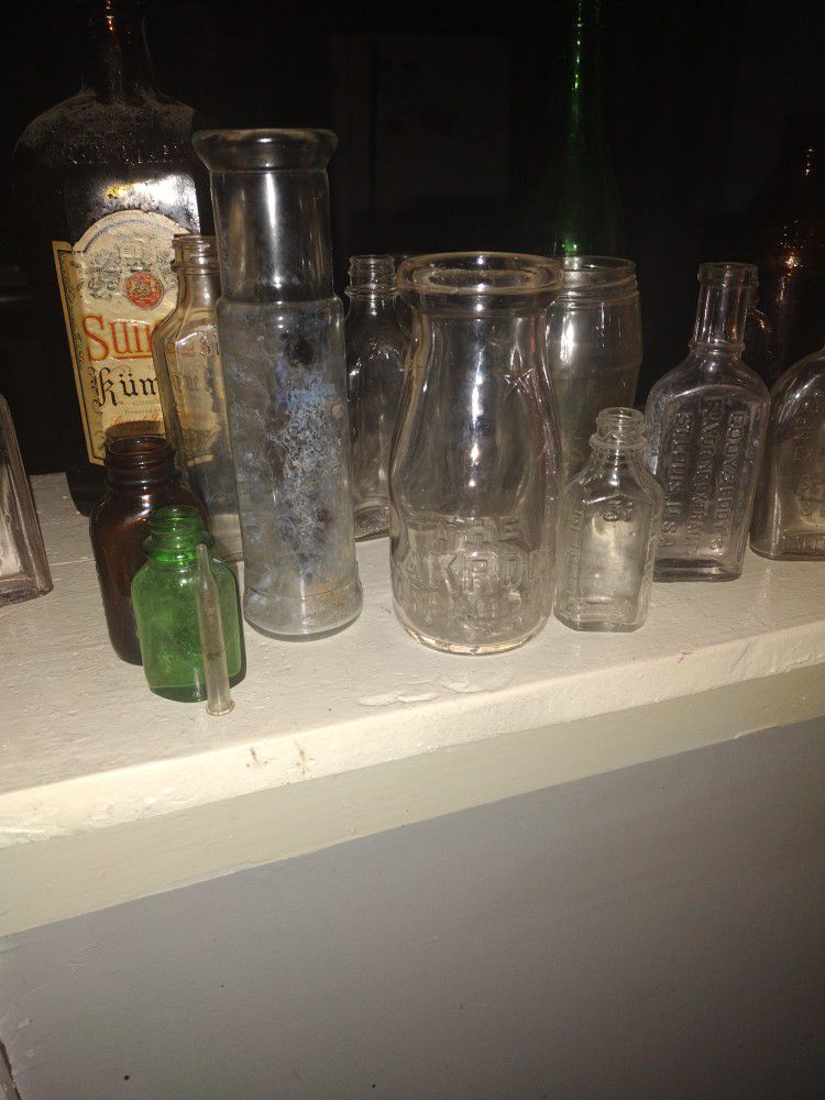 Antique Glass Bottles, Akron Pure Milk, Medical And Other  Unique Bottles