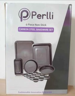 Perlli Baking Pan 6 Piece Set Nonstick Carbon Steel Gray Oven Safe PTFE PFOA Free Bakeware Kitchen Set, Cookie Sheet, 2 Round Cake Pans, 12 Cup Cupcak